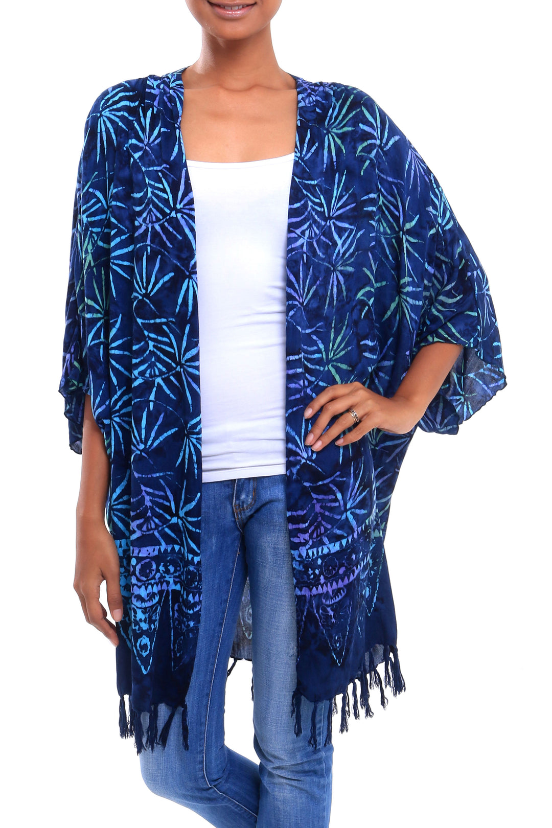 Leaf Motif Batik Rayon Kimono Jacket in Blue from Bali - Denpasar Lady in Blue