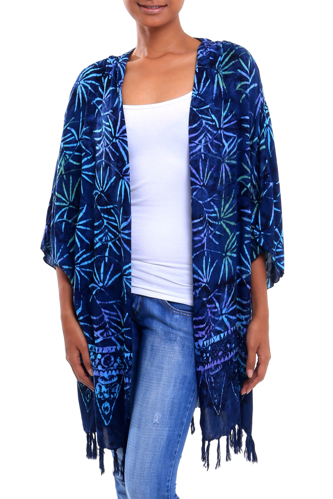 Leaf Motif Batik Rayon Kimono Jacket in Blue from Bali - Denpasar Lady in Blue