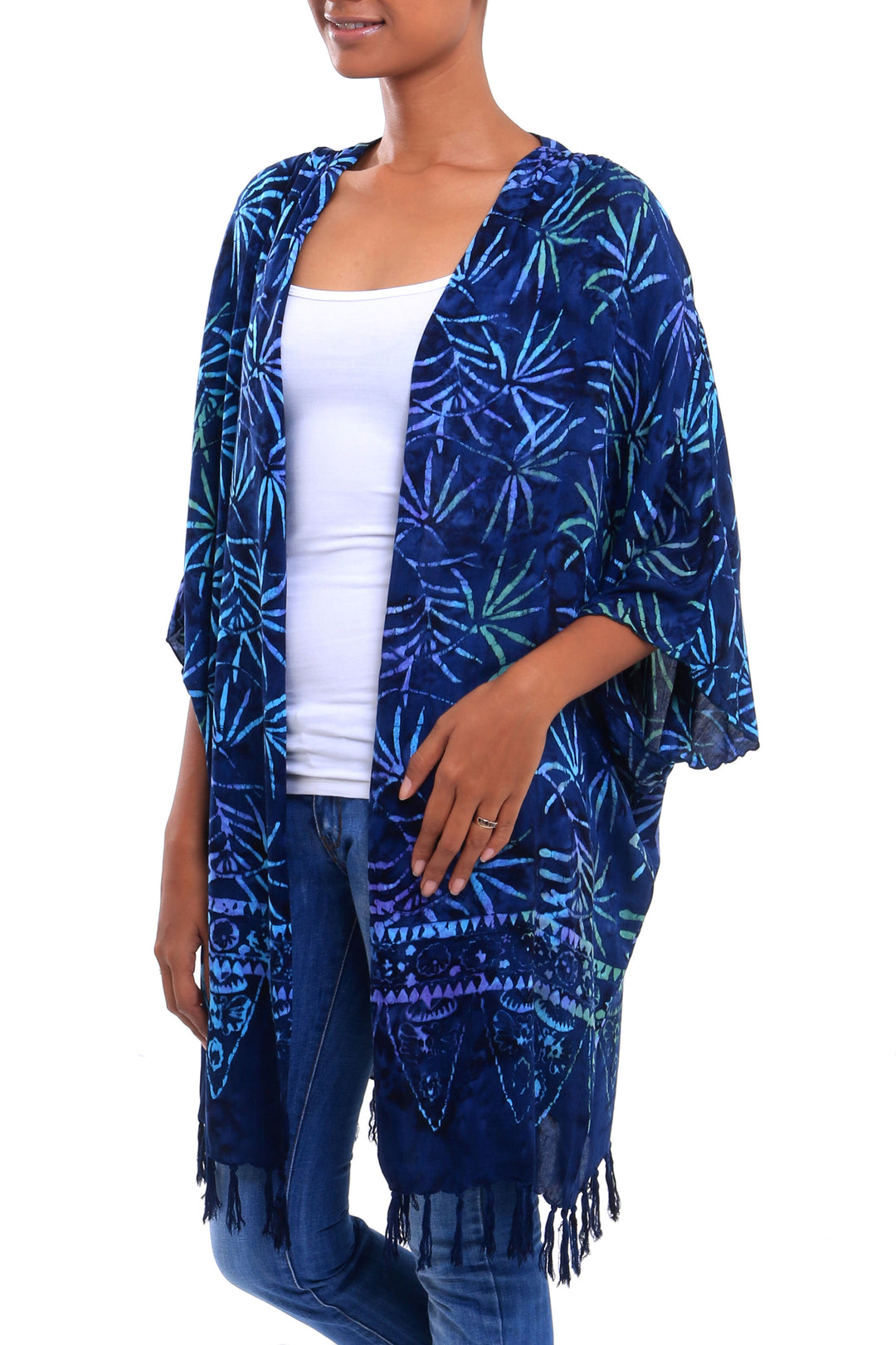 Leaf Motif Batik Rayon Kimono Jacket in Blue from Bali - Denpasar Lady in Blue