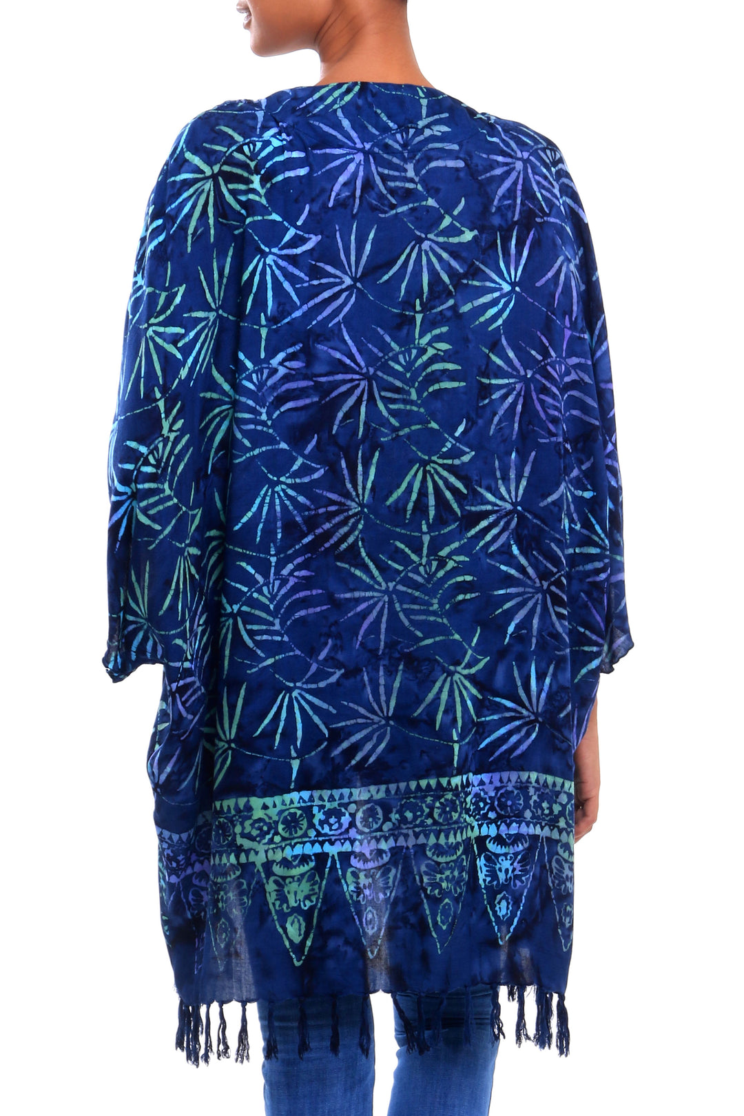 Leaf Motif Batik Rayon Kimono Jacket in Blue from Bali - Denpasar Lady in Blue