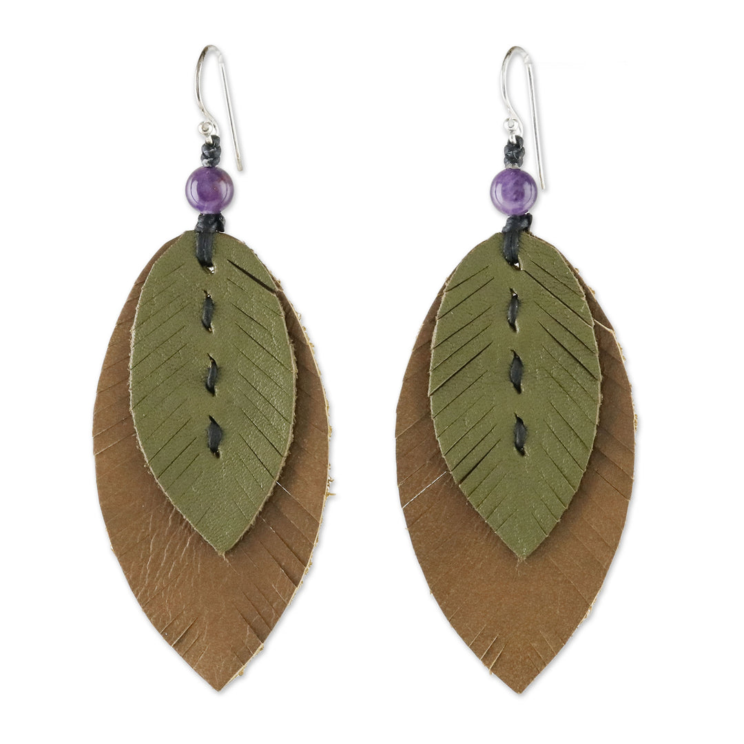 Amethyst and Leather Leaf Dangle Earrings from Thailand - Happy Leaves