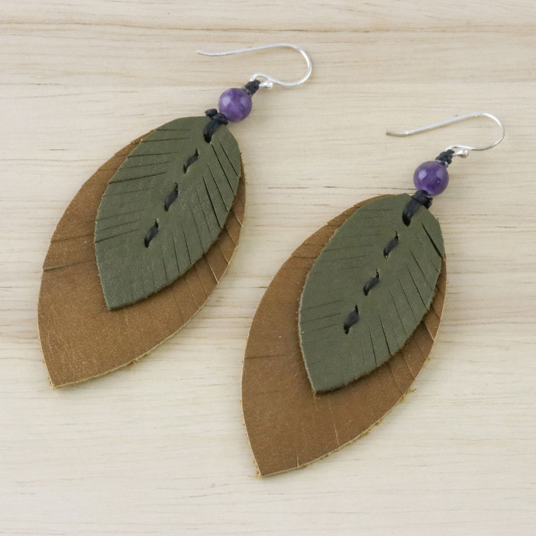 Amethyst and Leather Leaf Dangle Earrings from Thailand - Happy Leaves