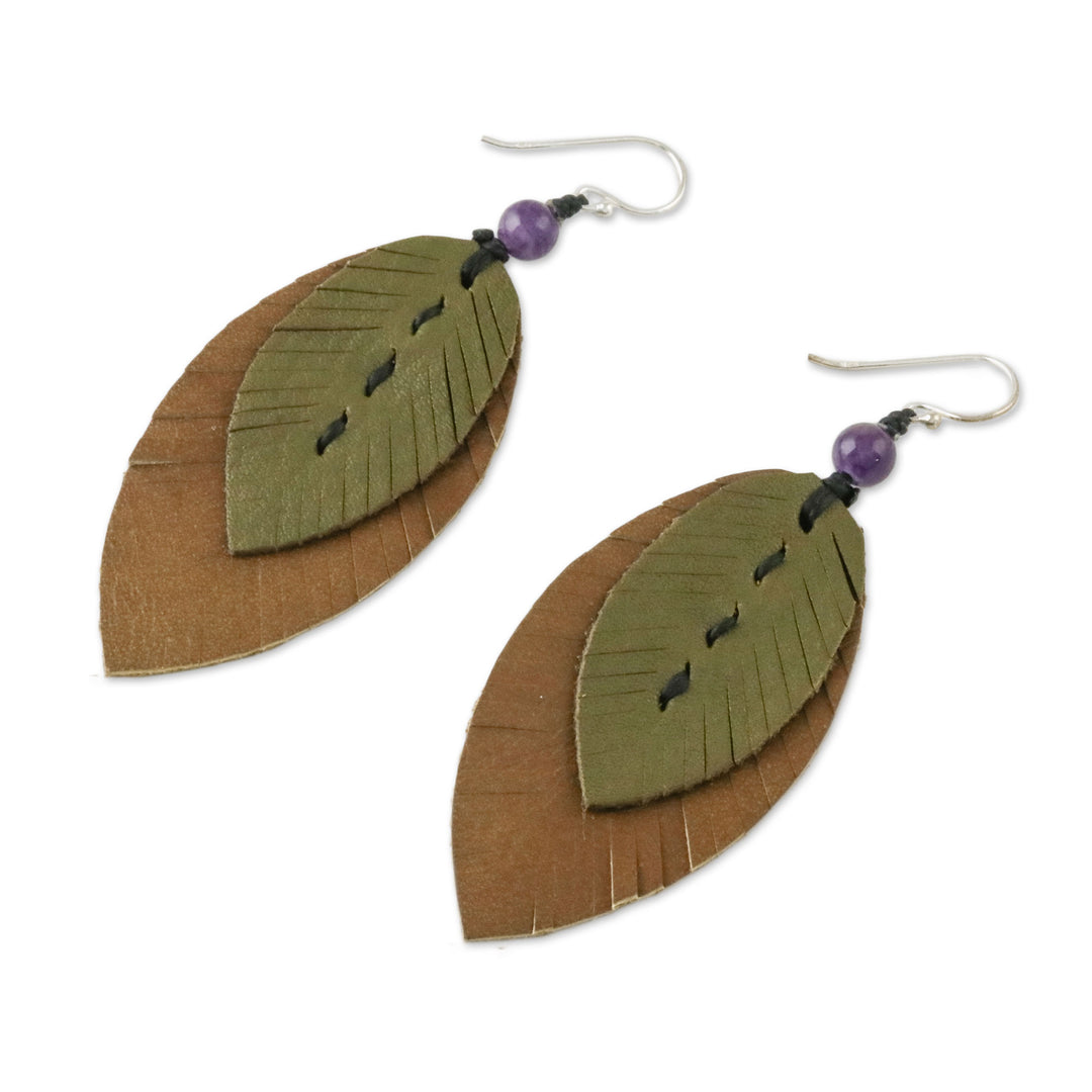 Amethyst and Leather Leaf Dangle Earrings from Thailand - Happy Leaves