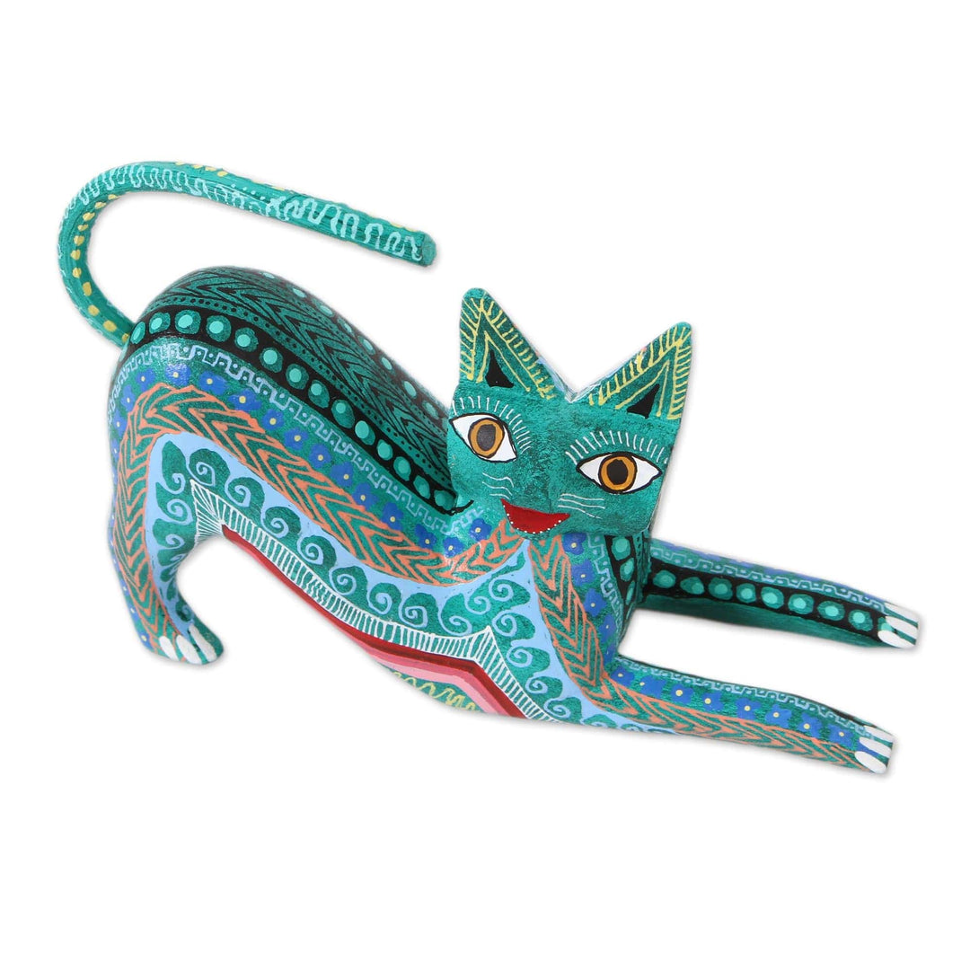 Wood Alebrije Figurine Cat in Green from Mexico - Cat Stretch