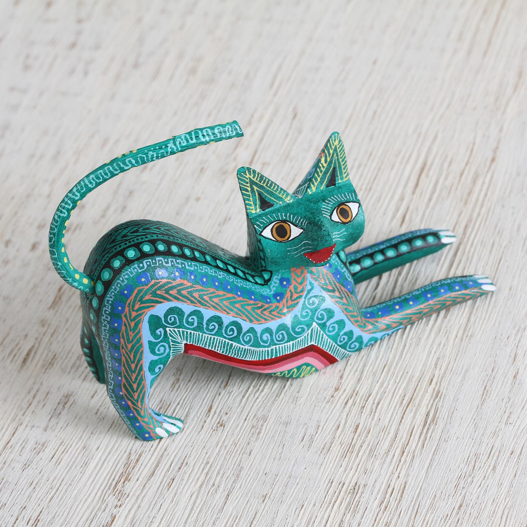 Wood Alebrije Figurine Cat in Green from Mexico - Cat Stretch