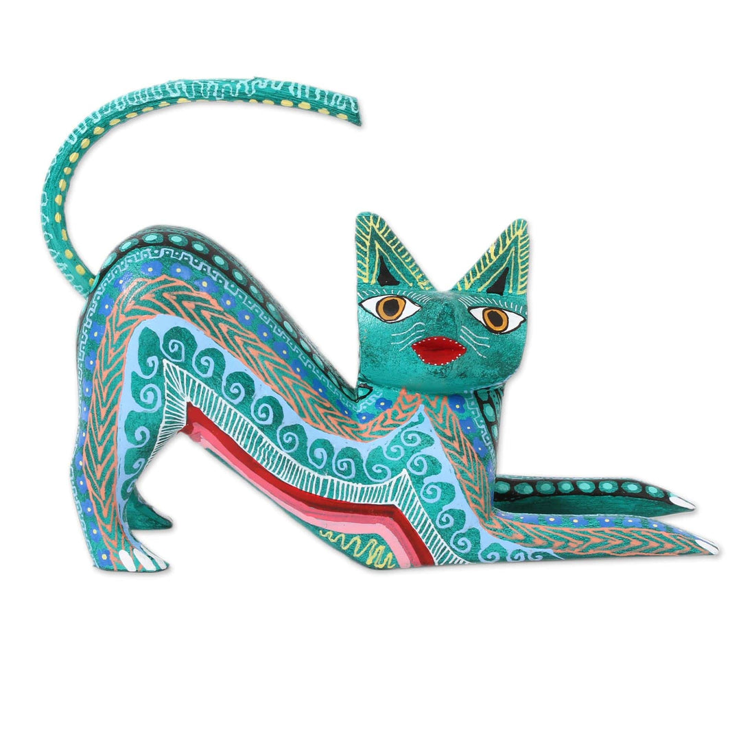 Wood Alebrije Figurine Cat in Green from Mexico - Cat Stretch