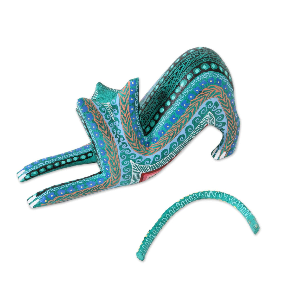 Wood Alebrije Figurine Cat in Green from Mexico - Cat Stretch