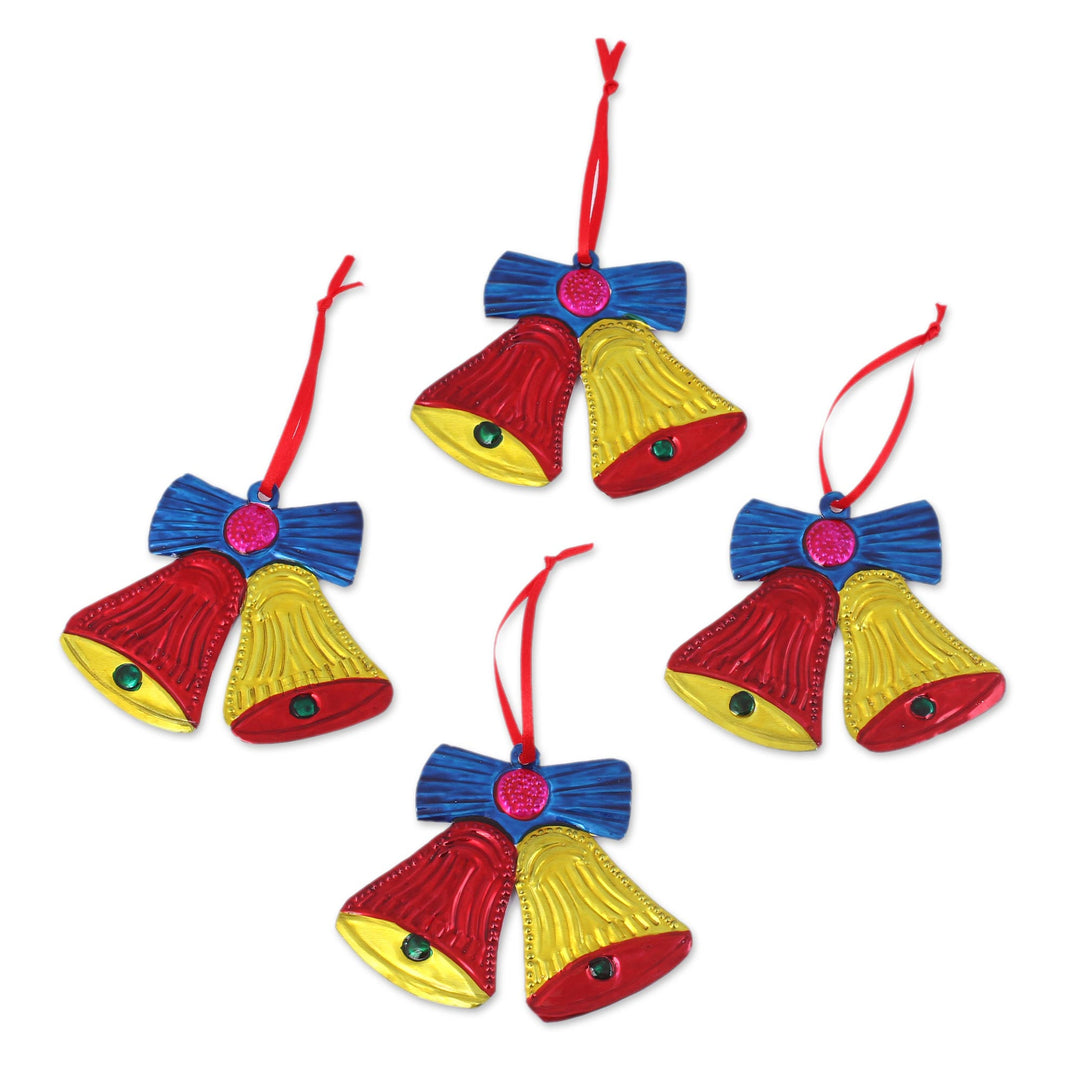 Tin Bell Ornaments in Red and Yellow from Mexico (Set of 4) - Lovely Red and Yellow Bells