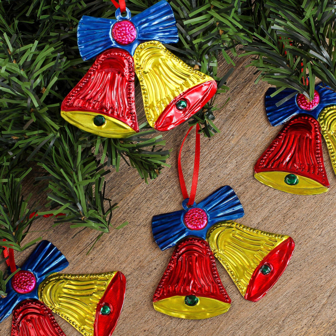 Tin Bell Ornaments in Red and Yellow from Mexico (Set of 4) - Lovely Red and Yellow Bells