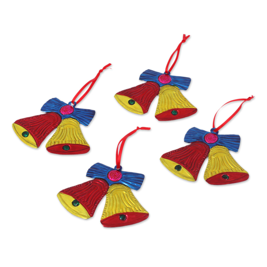 Tin Bell Ornaments in Red and Yellow from Mexico (Set of 4) - Lovely Red and Yellow Bells