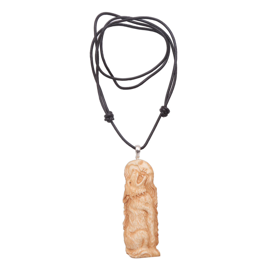 Wolf-Themed Bone Pendant Necklace from Bali - Wolf Howl