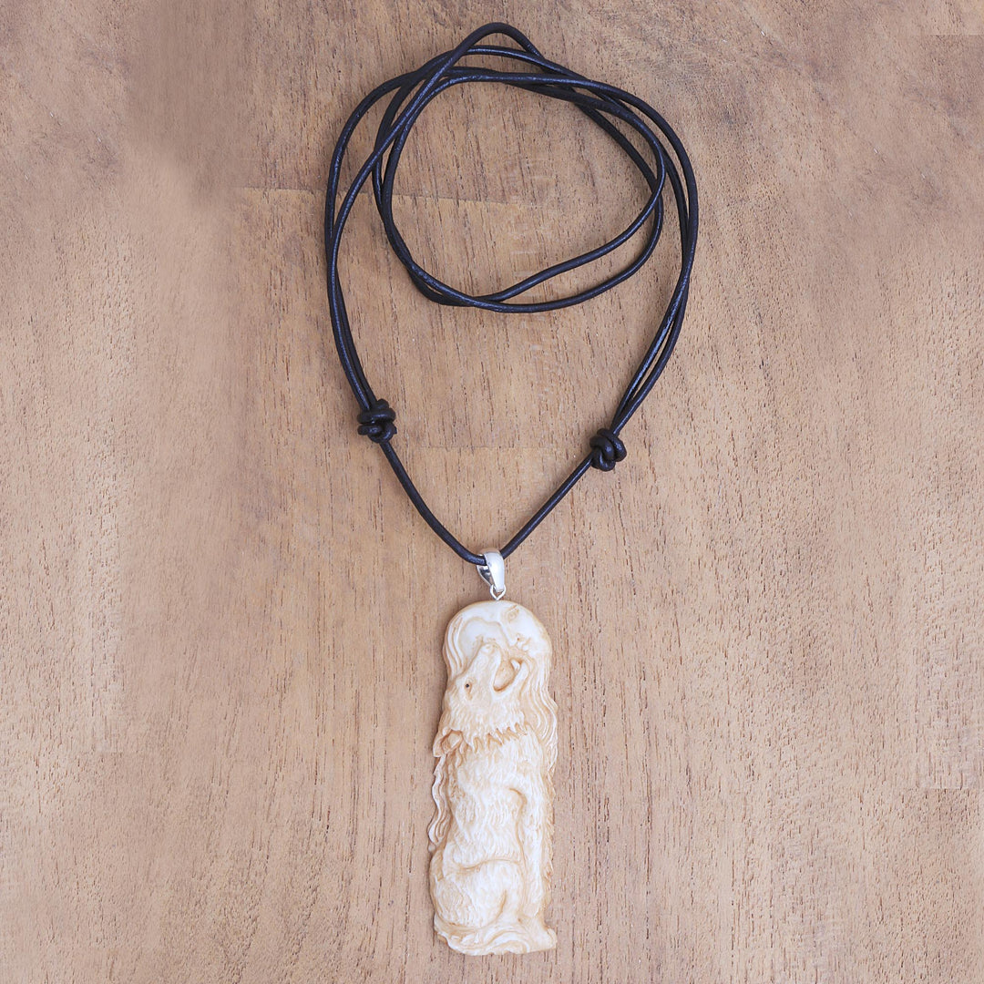 Wolf-Themed Bone Pendant Necklace from Bali - Wolf Howl