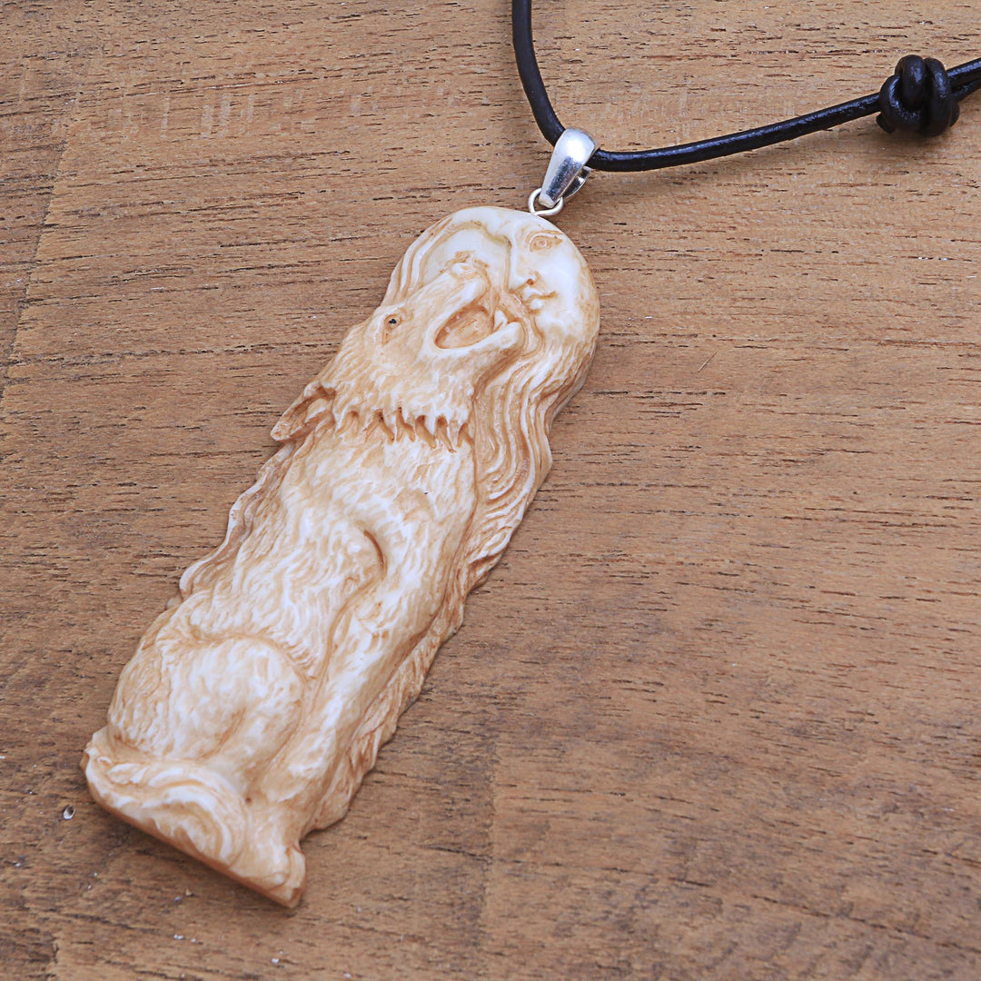 Wolf-Themed Bone Pendant Necklace from Bali - Wolf Howl