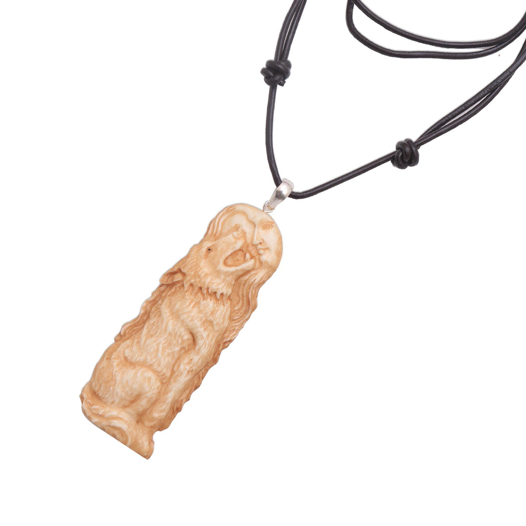 Wolf-Themed Bone Pendant Necklace from Bali - Wolf Howl