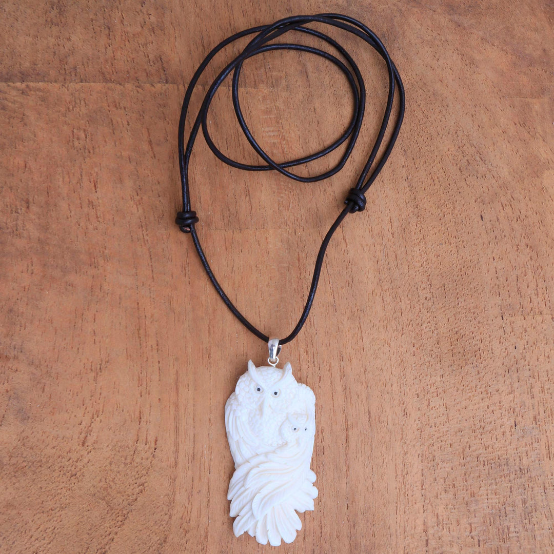 Mother and Child Bone Owl Pendant Necklace from Bali - Owl Affection