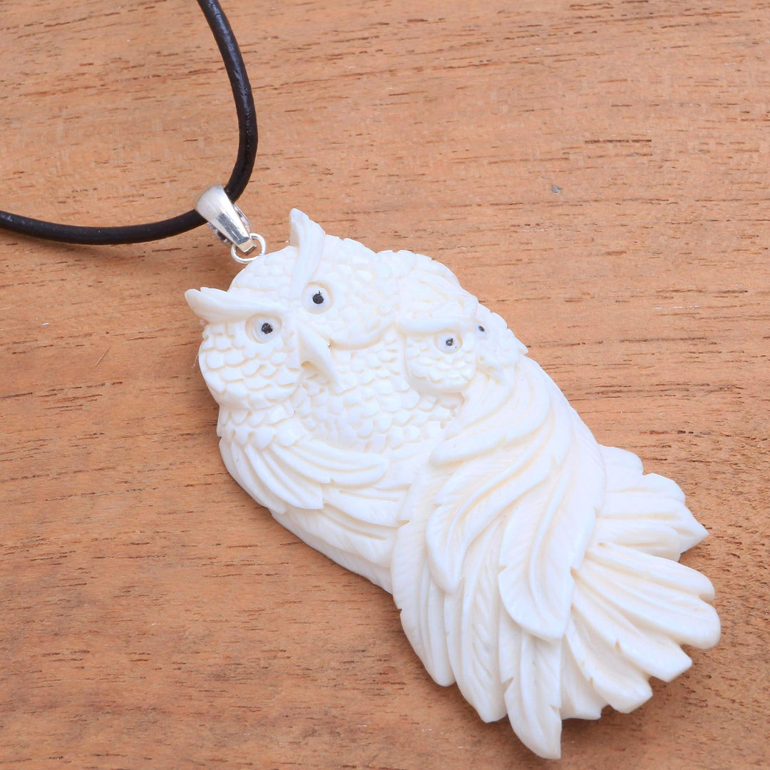Mother and Child Bone Owl Pendant Necklace from Bali - Owl Affection