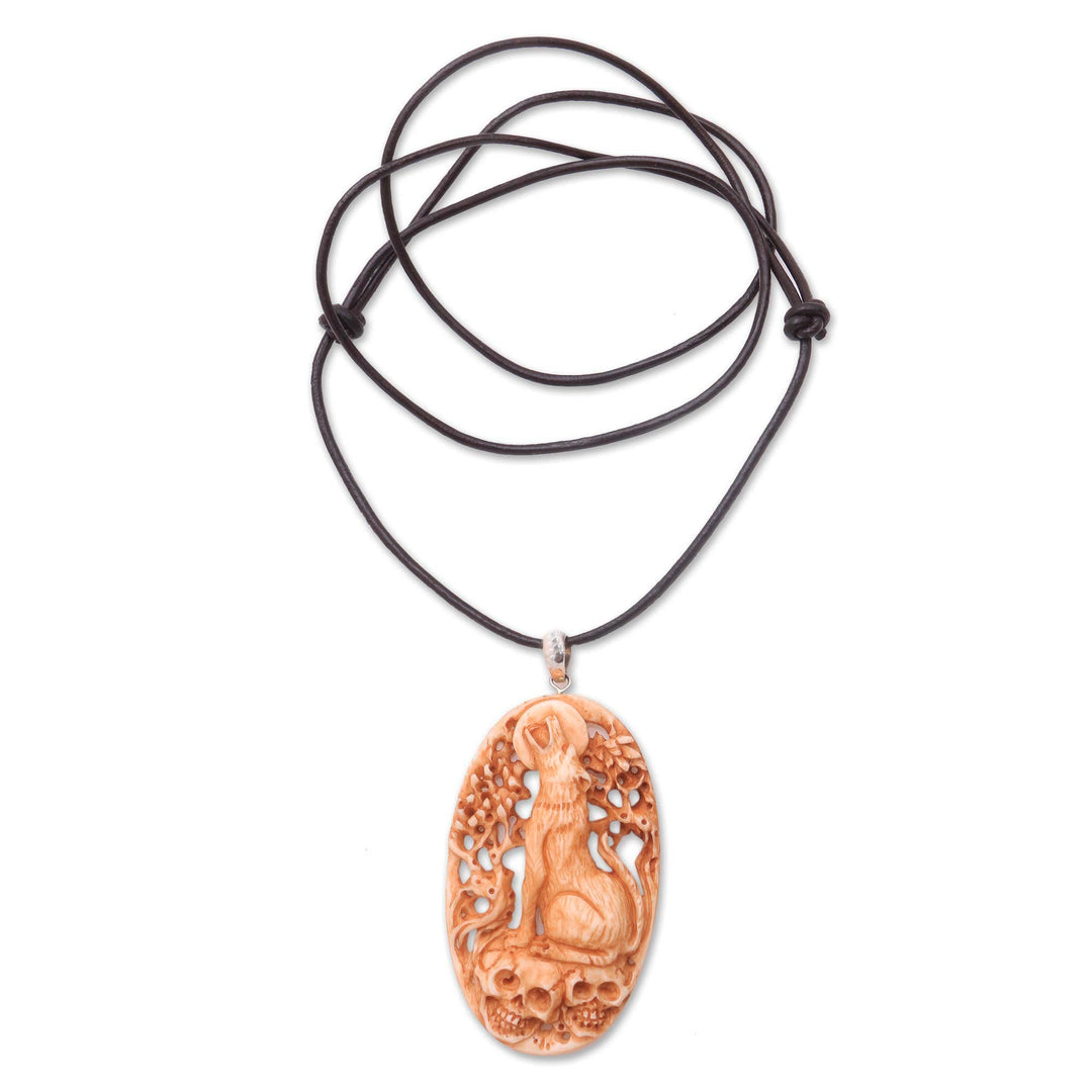 Hand-Carved Bone Wolf Pendant Necklace from Bali - Setra Wolf