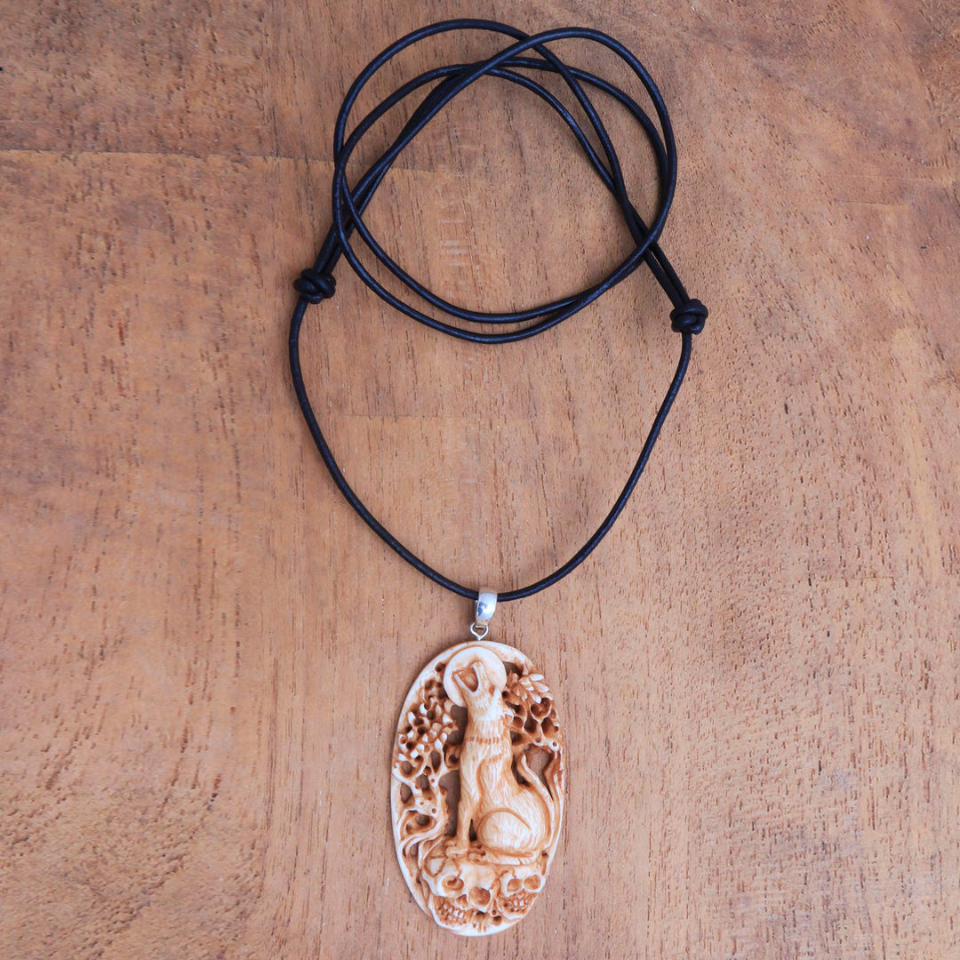 Hand-Carved Bone Wolf Pendant Necklace from Bali - Setra Wolf