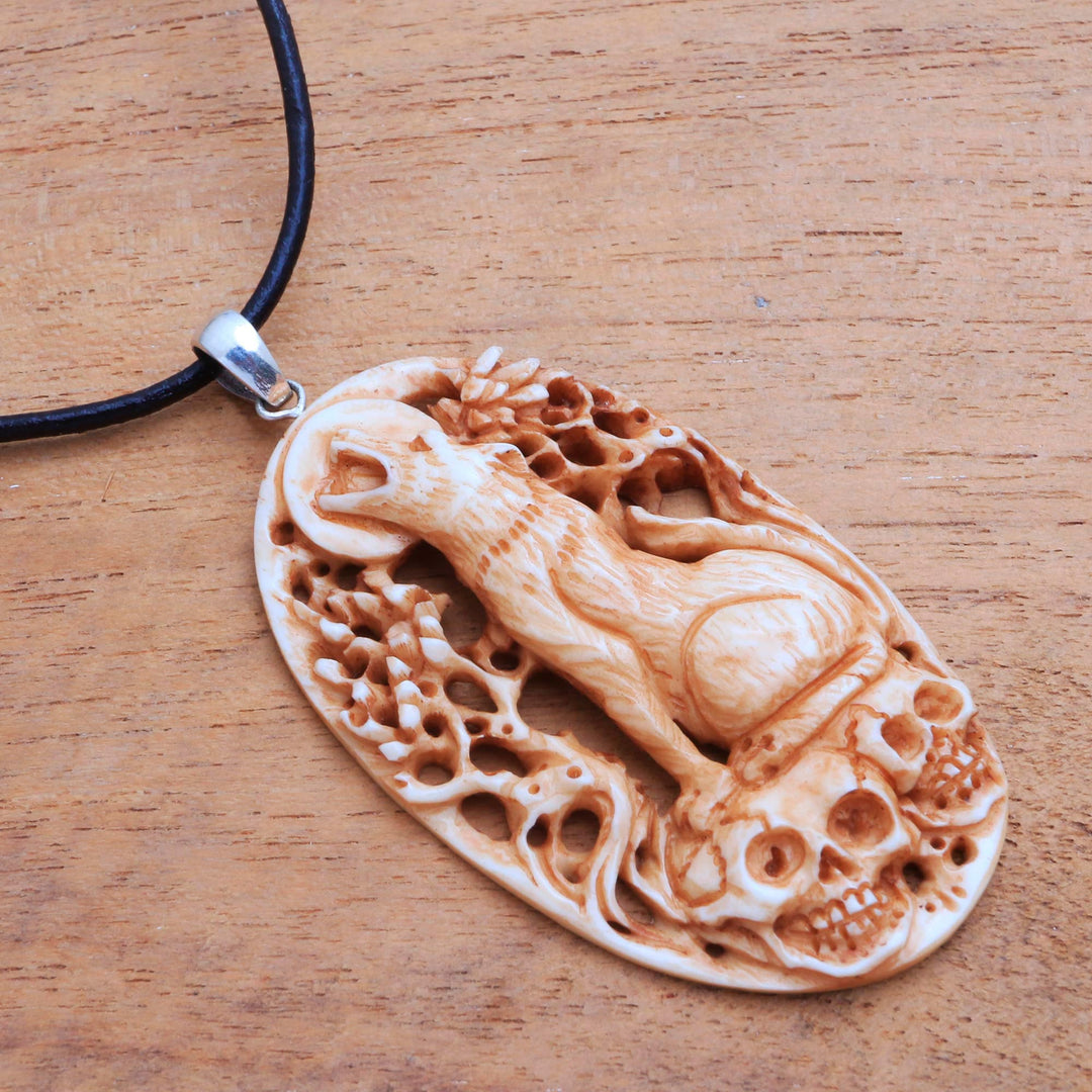 Hand-Carved Bone Wolf Pendant Necklace from Bali - Setra Wolf