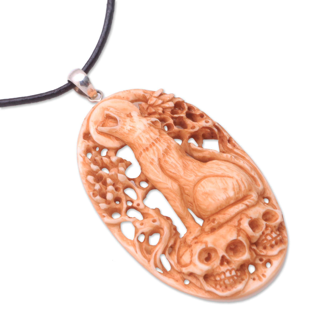 Hand-Carved Bone Wolf Pendant Necklace from Bali - Setra Wolf