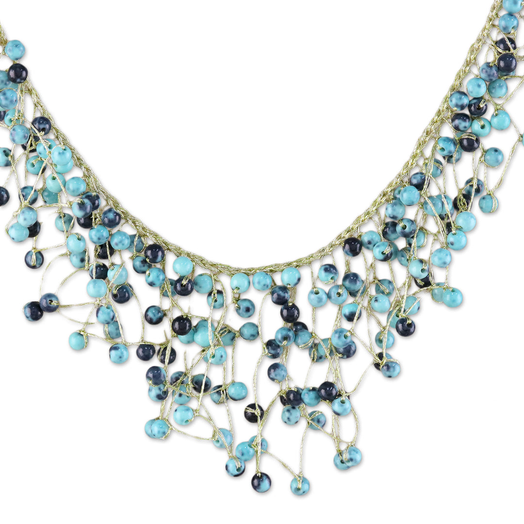 Glass Beaded Waterfall Necklace in Blue from Thailand - Fantasy Rain in Blue