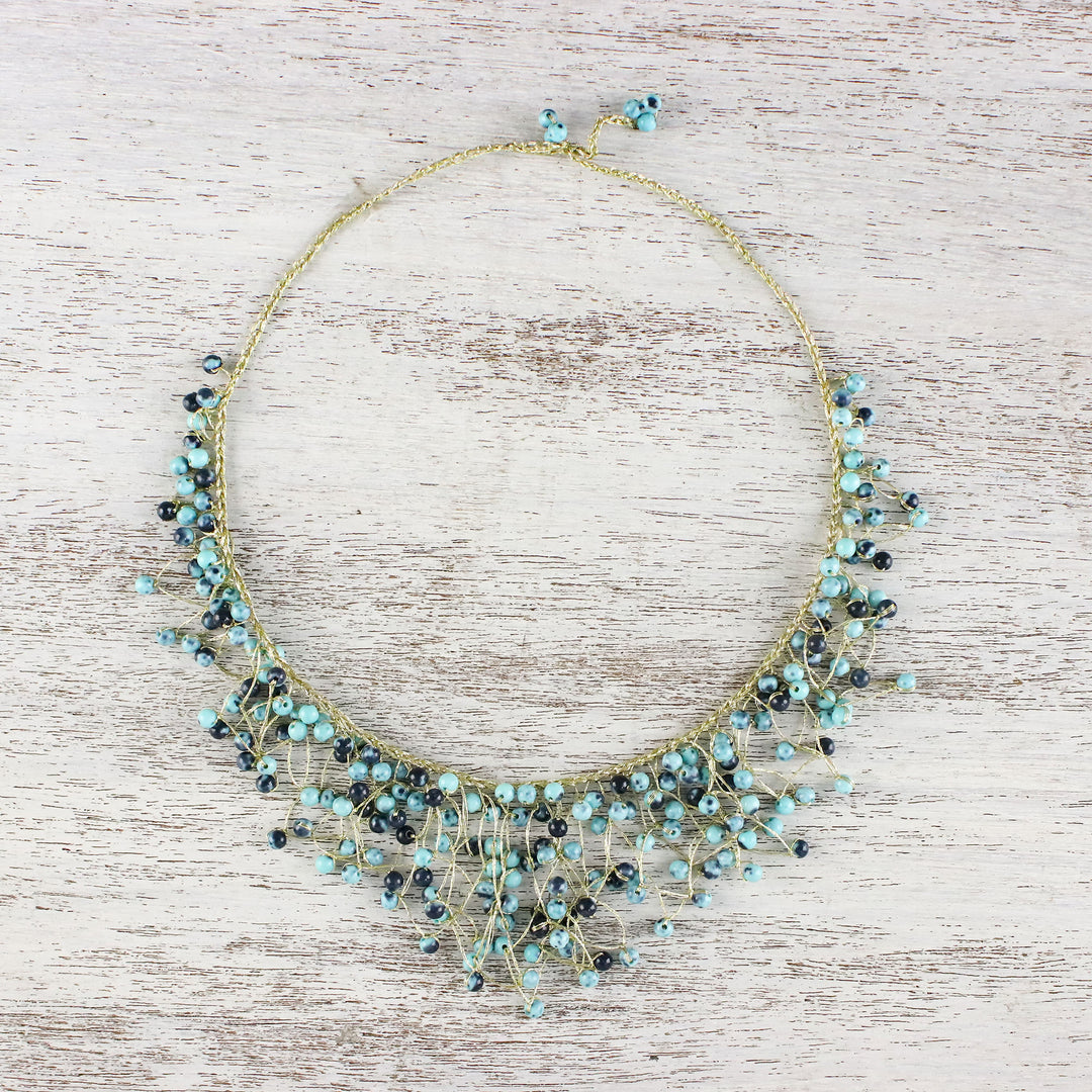 Glass Beaded Waterfall Necklace in Blue from Thailand - Fantasy Rain in Blue