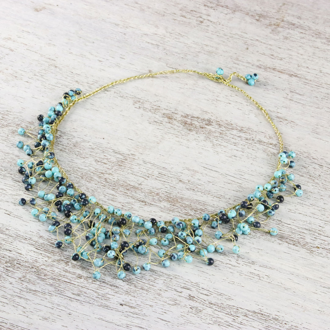 Glass Beaded Waterfall Necklace in Blue from Thailand - Fantasy Rain in Blue