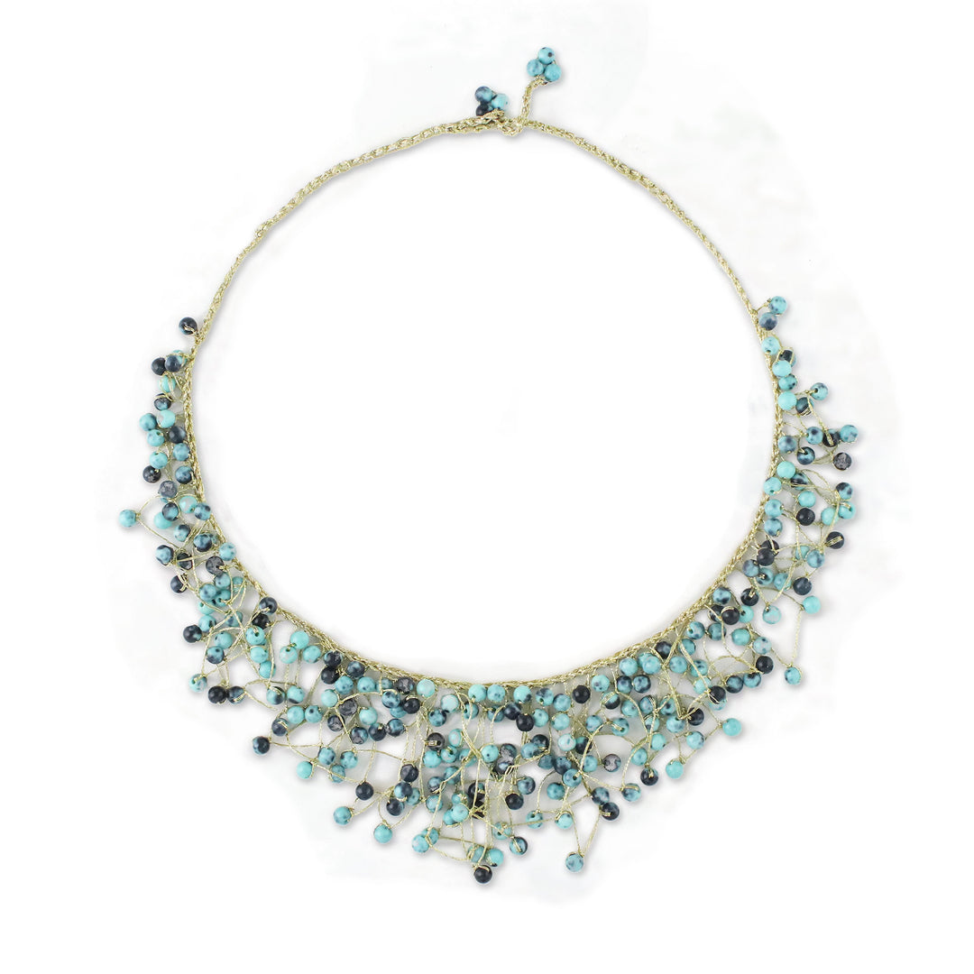 Glass Beaded Waterfall Necklace in Blue from Thailand - Fantasy Rain in Blue