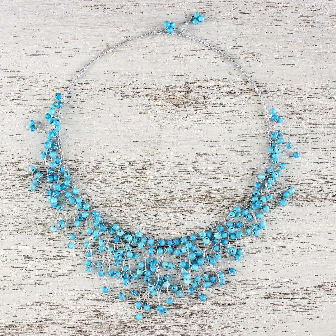 Glass Beaded Waterfall Necklace in Sky Blue from Thailand - Fantasy Rain in Sky Blue