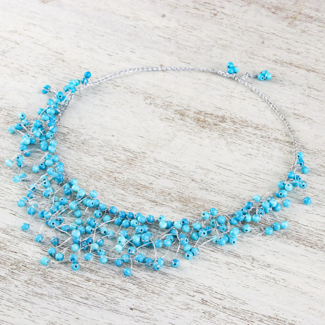 Glass Beaded Waterfall Necklace in Sky Blue from Thailand - Fantasy Rain in Sky Blue
