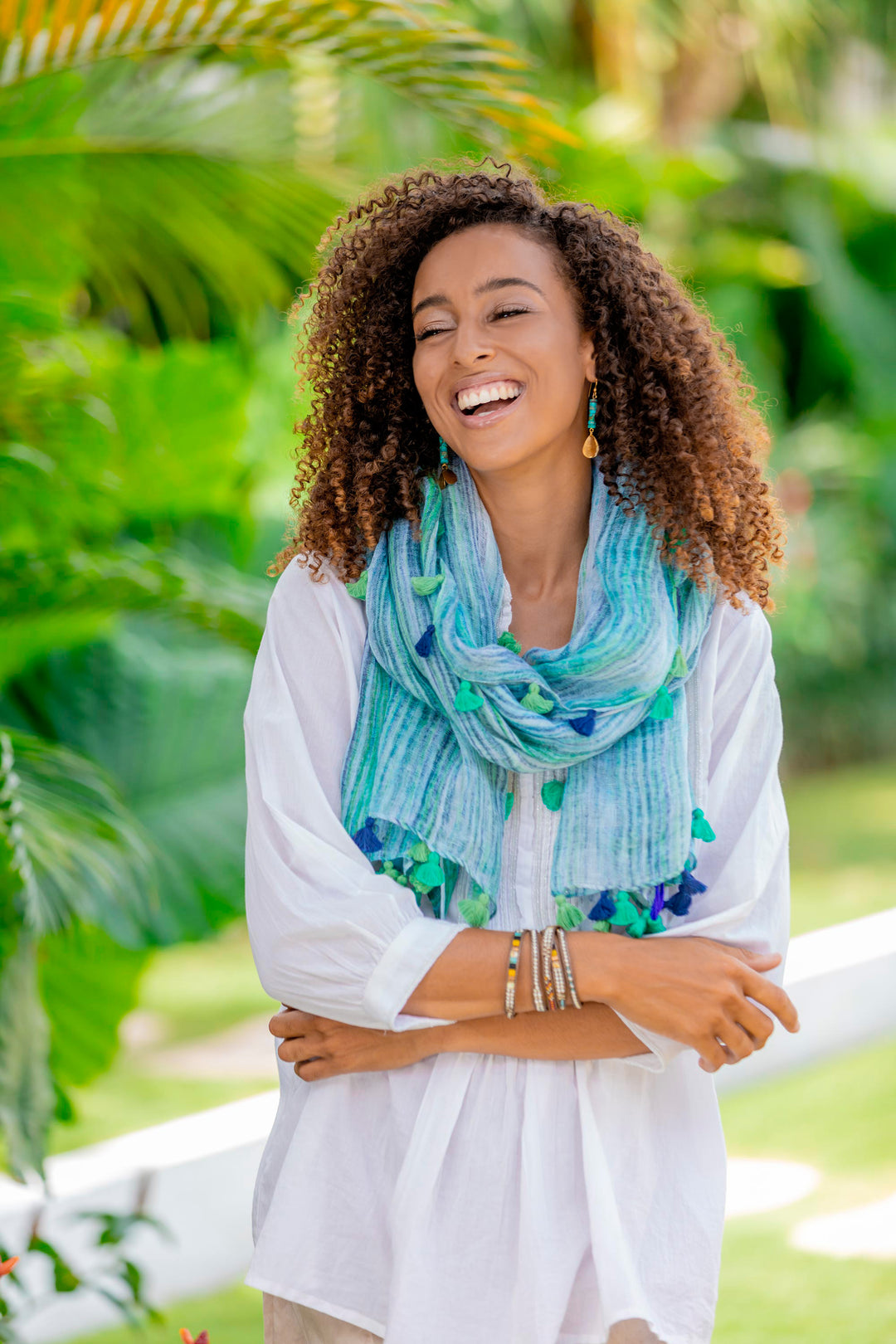 Lightweight Striped Linen Shawl in Blue from India - Bay of Bengal