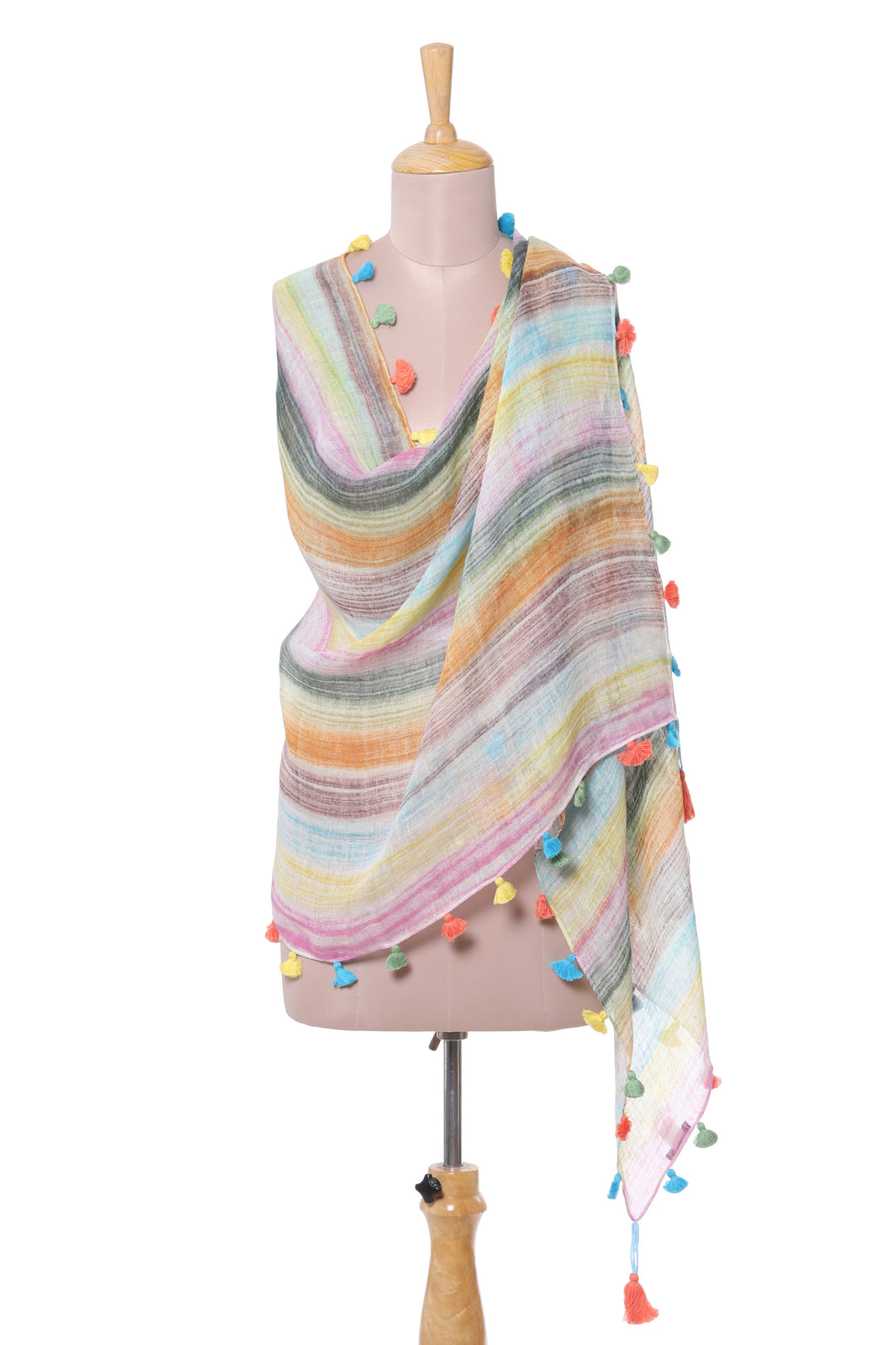 Lightweight Rainbow Striped Linen Shawl from India - Delightful Stripes in Rainbow