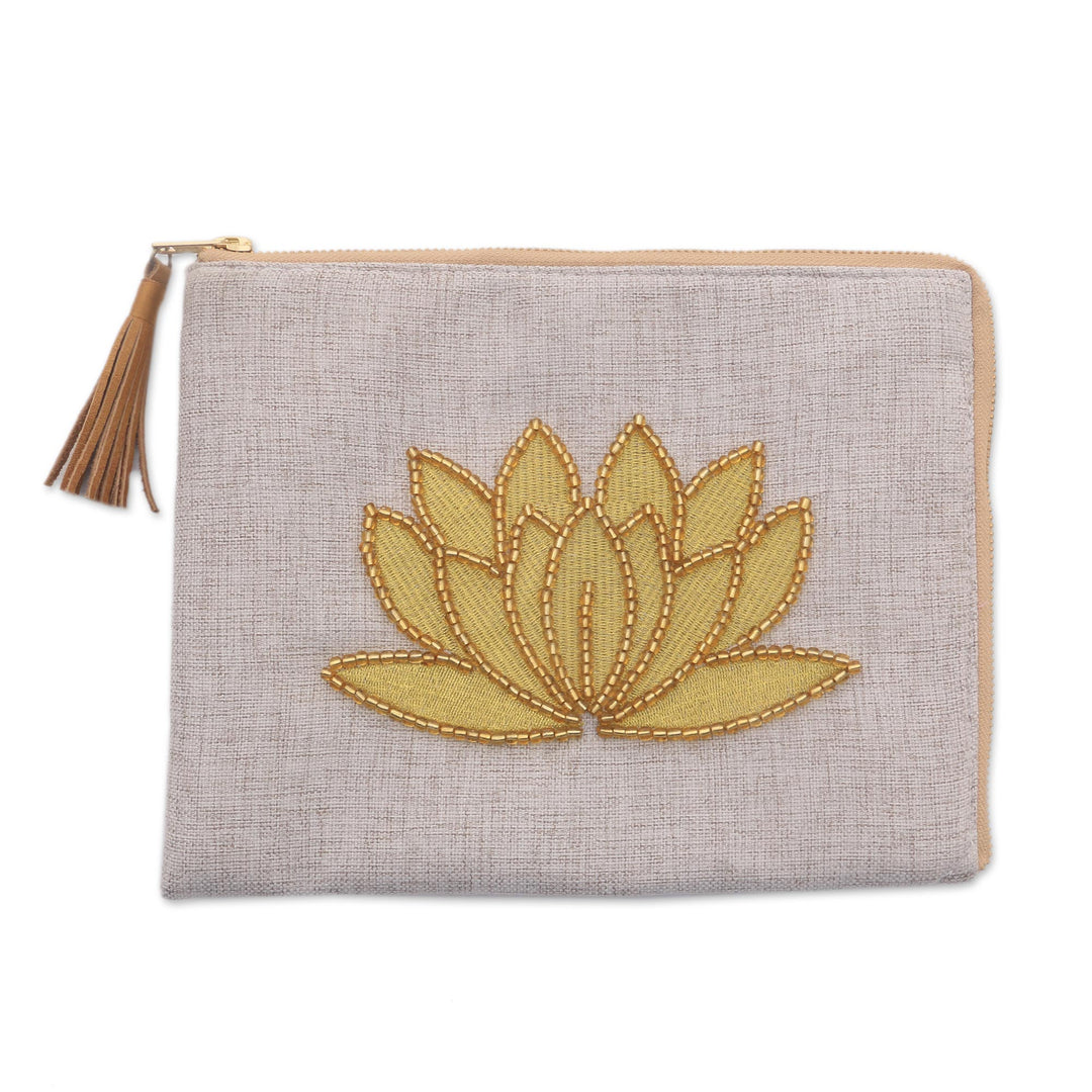 Floral Embellished Jute Coin Purse in Bone from Java - God's Grace in Bone