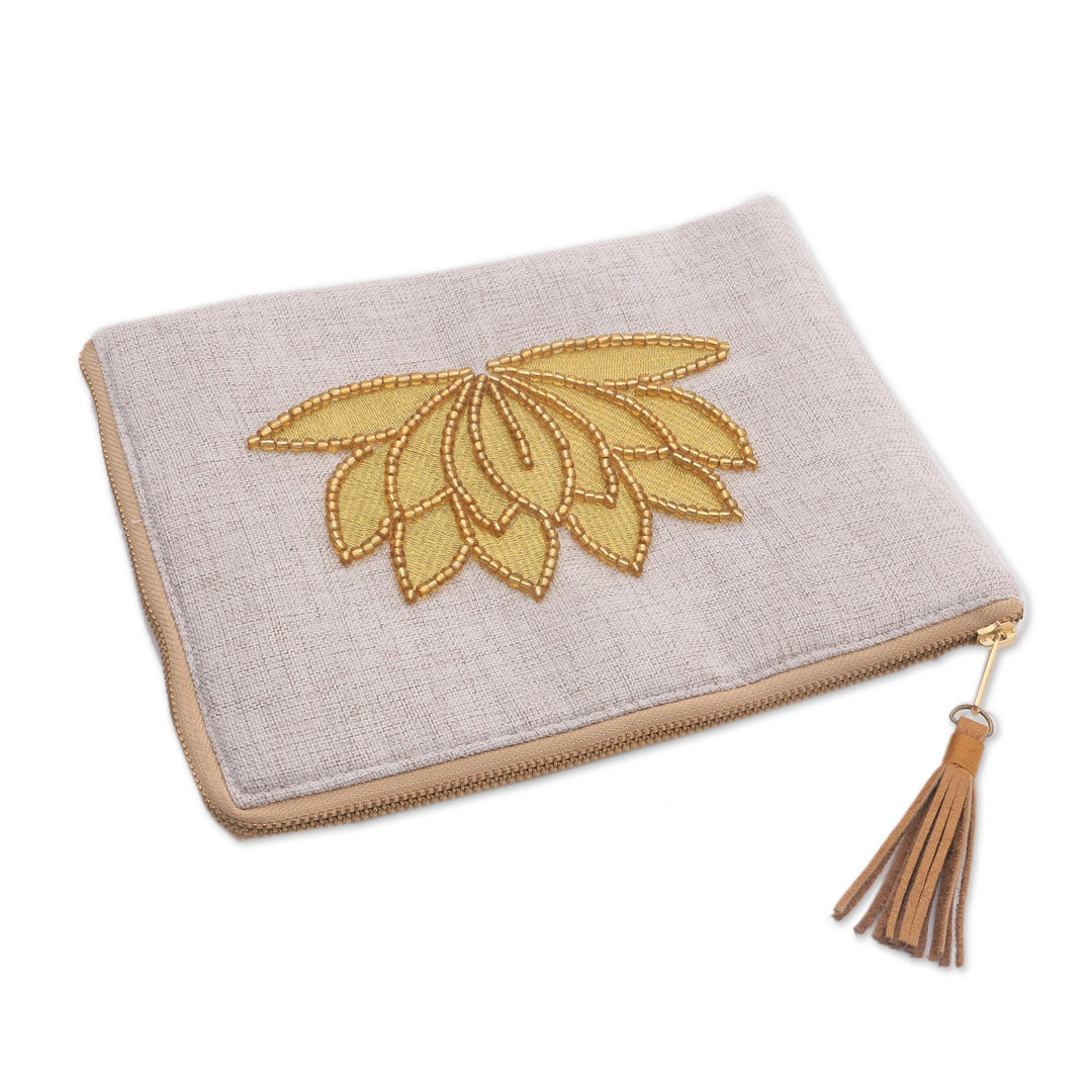 Floral Embellished Jute Coin Purse in Bone from Java - God's Grace in Bone