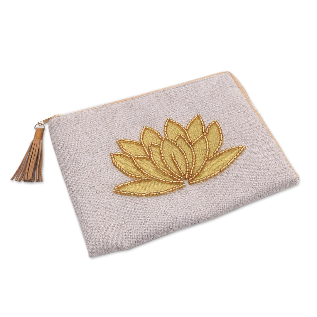 Floral Embellished Jute Coin Purse in Bone from Java - God's Grace in Bone