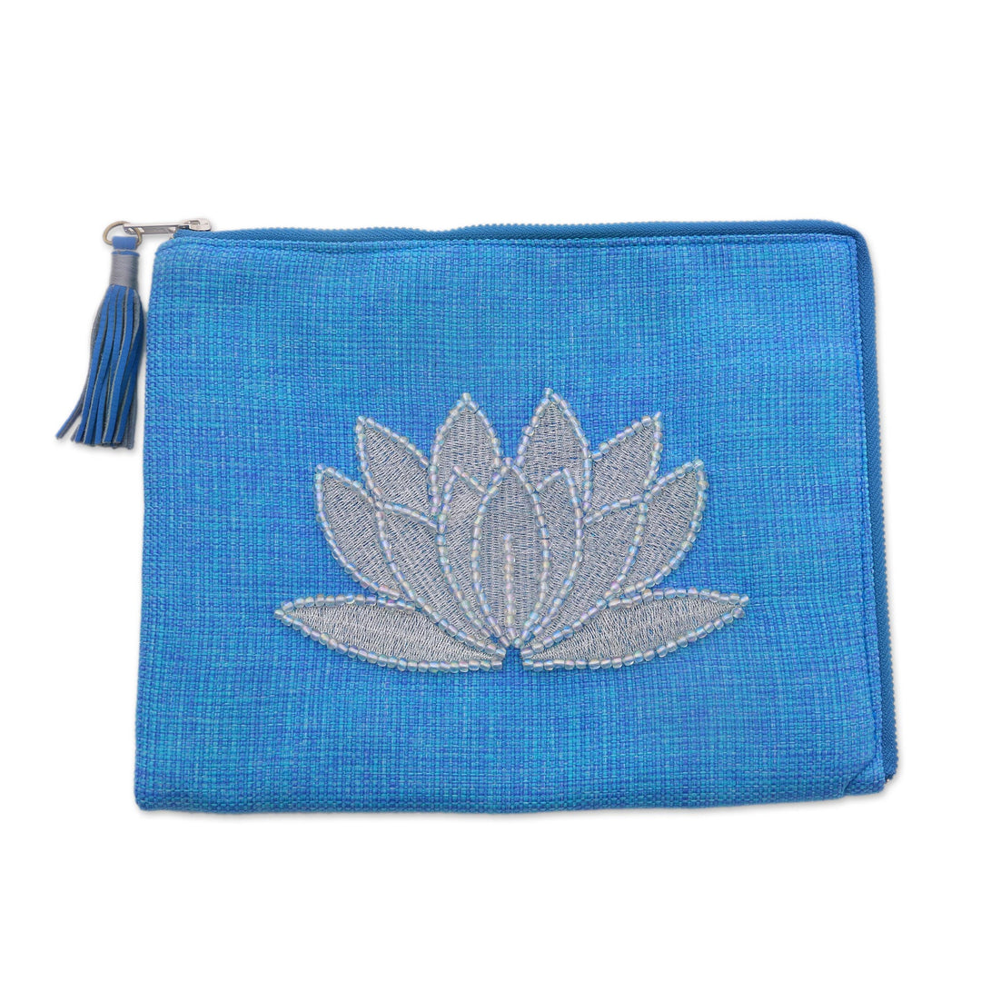 Floral Embellished Jute Coin Purse in Sky Blue from Java - God's Grace in Sky Blue