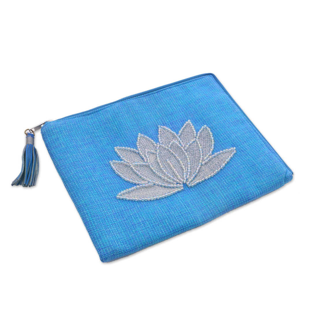Floral Embellished Jute Coin Purse in Sky Blue from Java - God's Grace in Sky Blue
