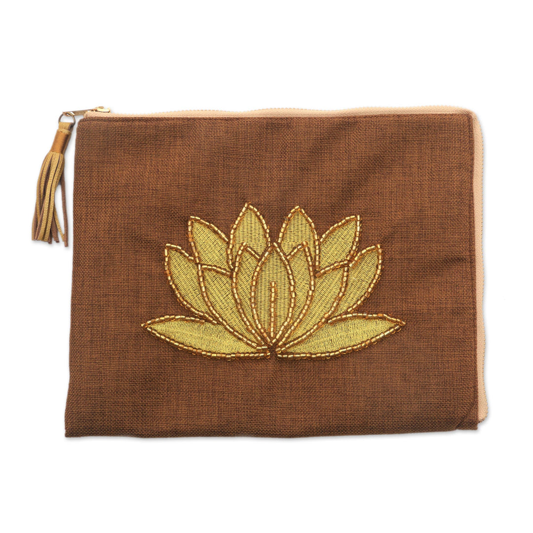Floral Embellished Jute Coin Purse in Tan from Java - God's Grace in Tan
