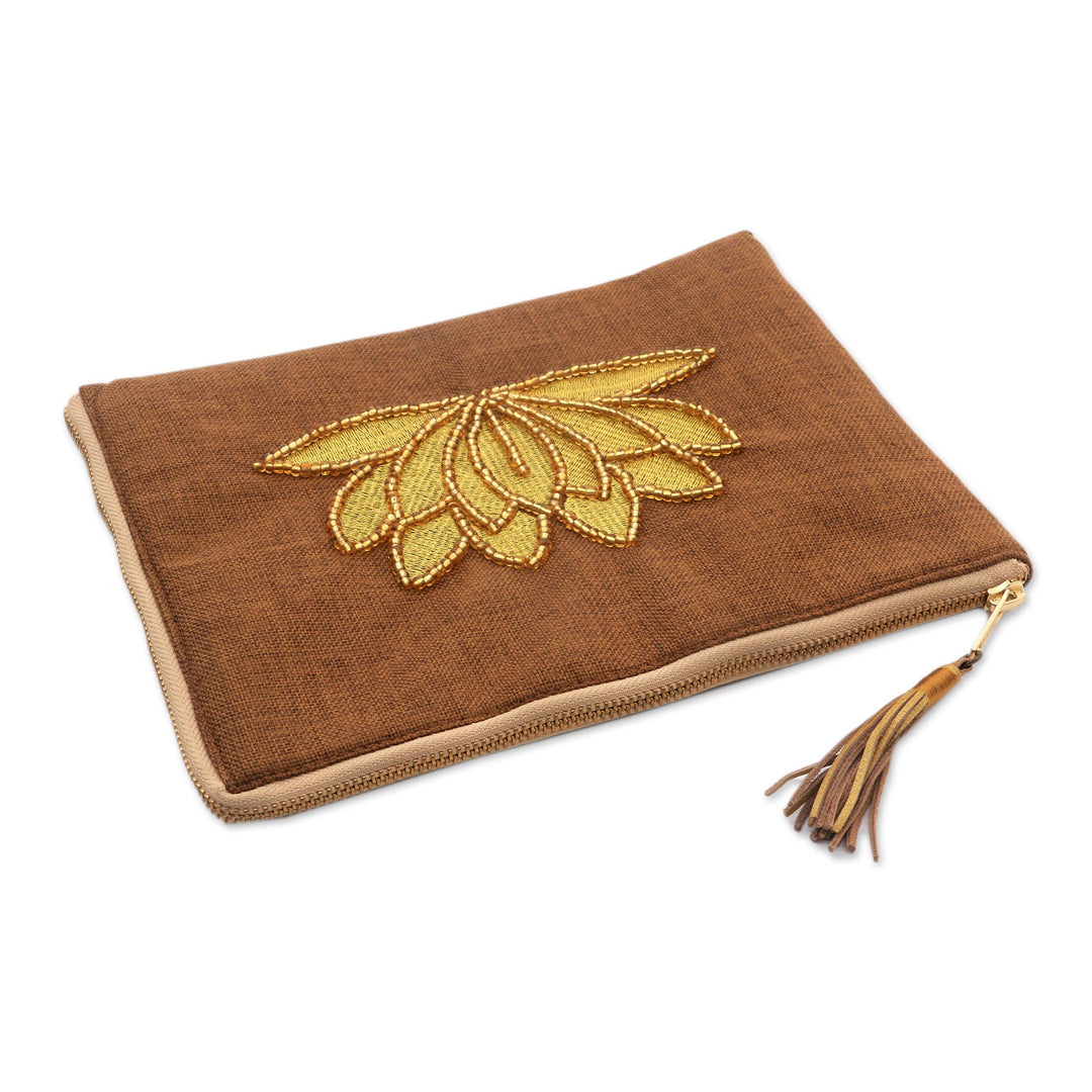Floral Embellished Jute Coin Purse in Tan from Java - God's Grace in Tan