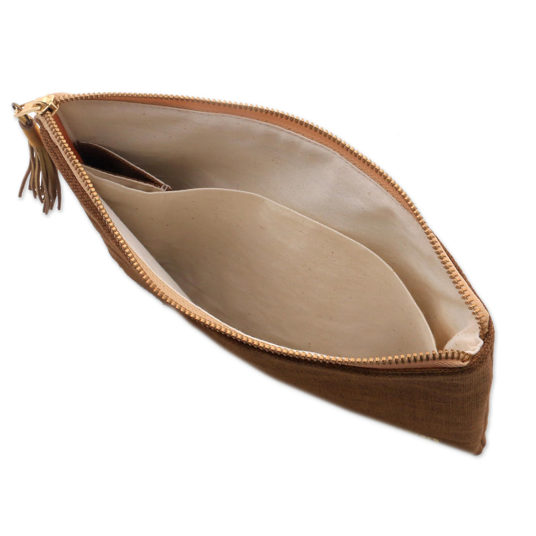 Floral Embellished Jute Coin Purse in Tan from Java - God's Grace in Tan