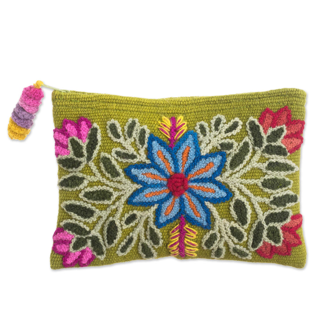 Embroidered Floral Alpaca Clutch in Warm Olive from Peru - Floral Flourish