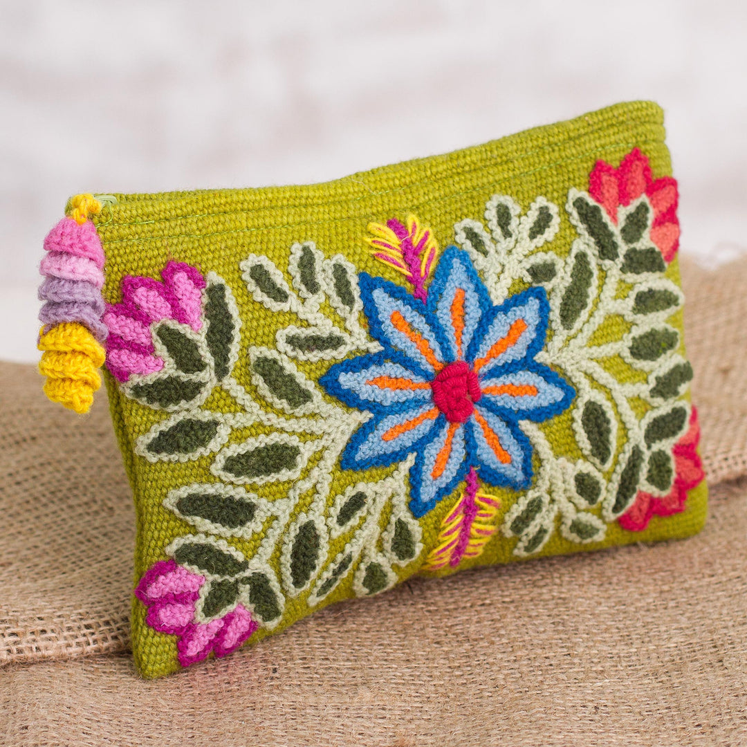 Embroidered Floral Alpaca Clutch in Warm Olive from Peru - Floral Flourish