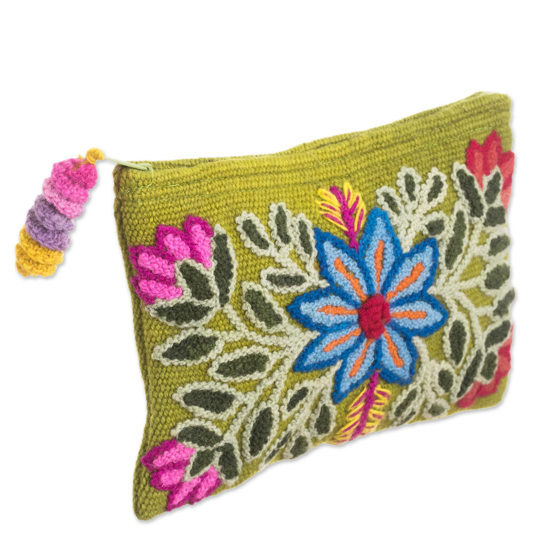 Embroidered Floral Alpaca Clutch in Warm Olive from Peru - Floral Flourish