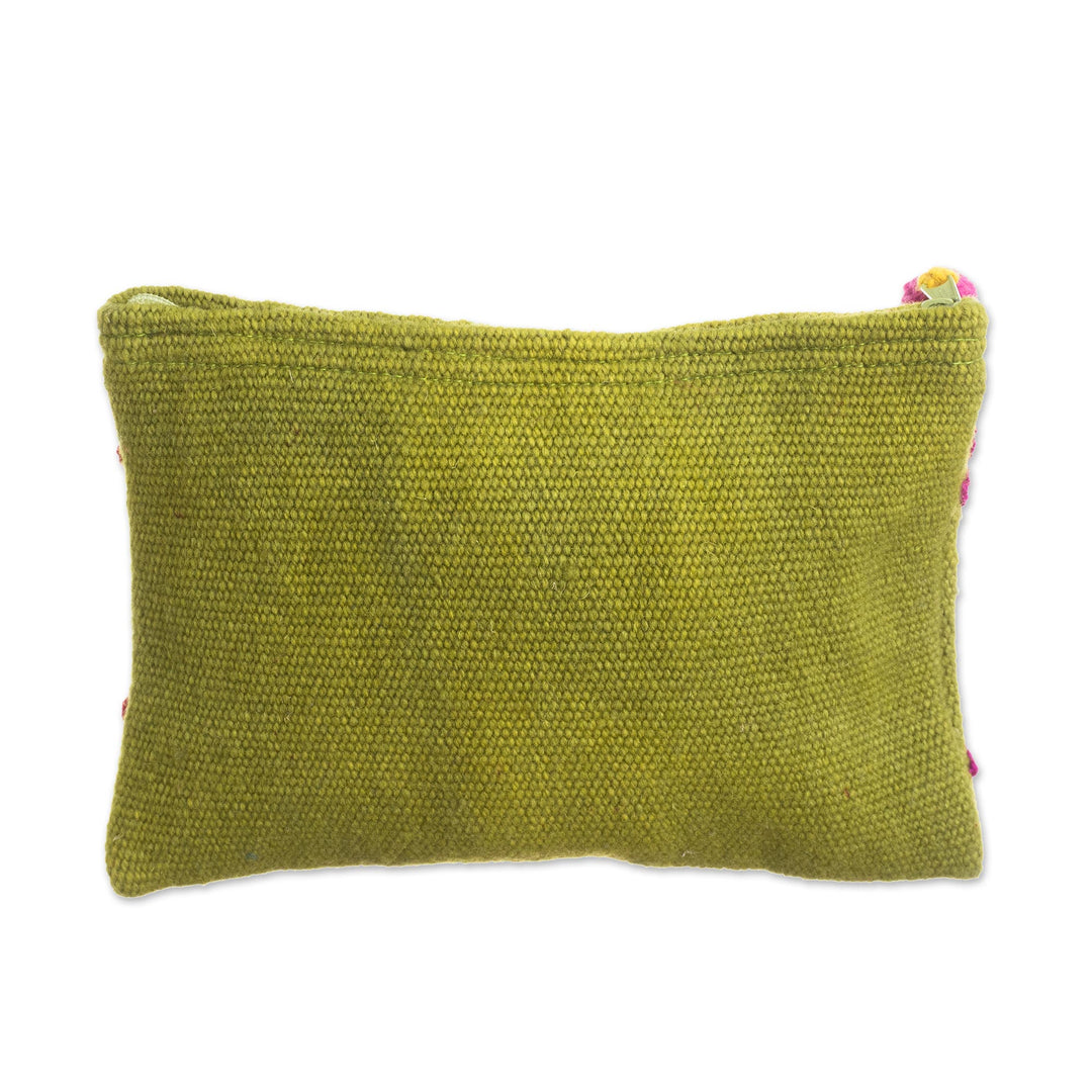 Embroidered Floral Alpaca Clutch in Warm Olive from Peru - Floral Flourish