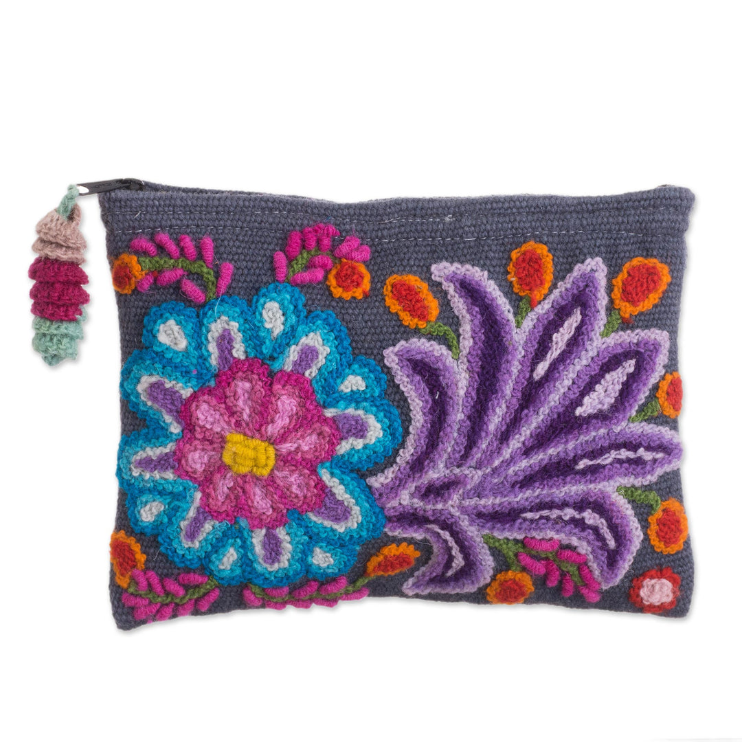 Embroidered Floral Alpaca Clutch in Slate from Peru - Midnight Delight