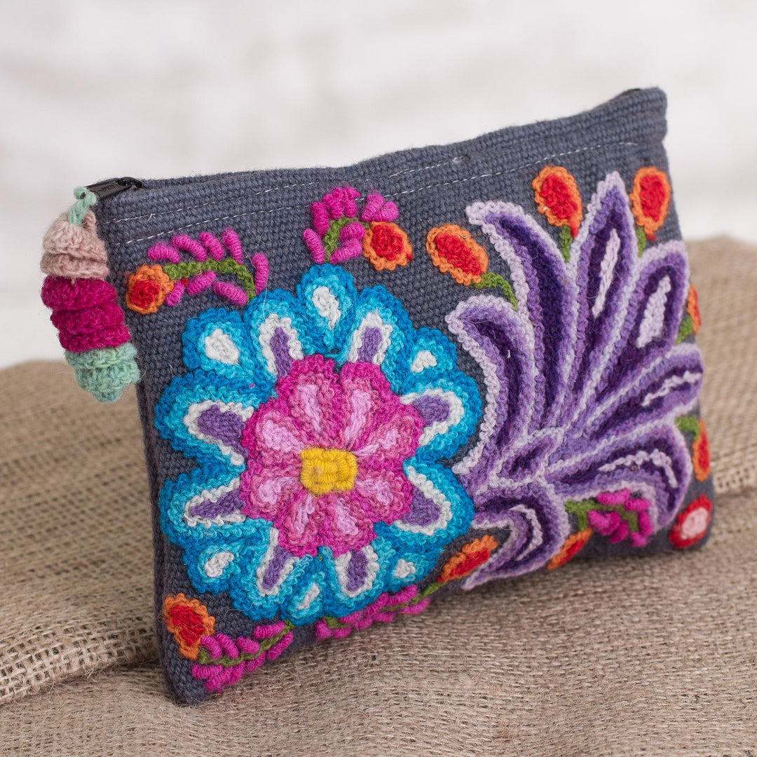 Embroidered Floral Alpaca Clutch in Slate from Peru - Midnight Delight