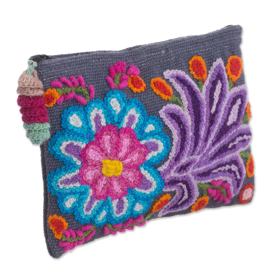 Embroidered Floral Alpaca Clutch in Slate from Peru - Midnight Delight