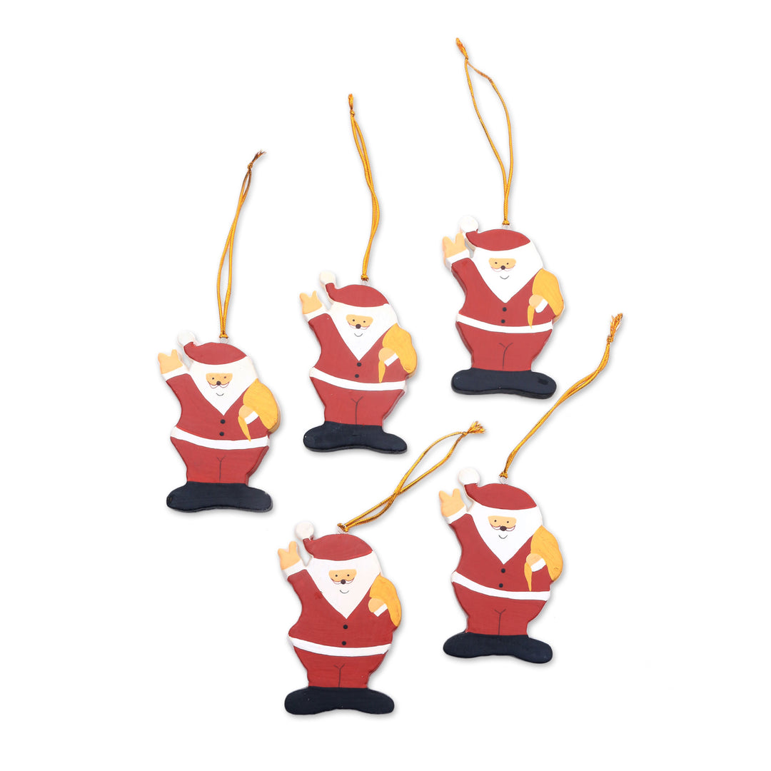 Hand-Painted Wood Santa Ornaments from Bali (Set of 5) - Waving Santa