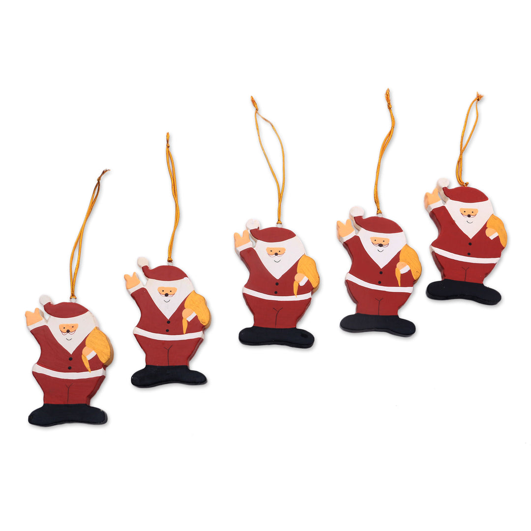 Hand-Painted Wood Santa Ornaments from Bali (Set of 5) - Waving Santa