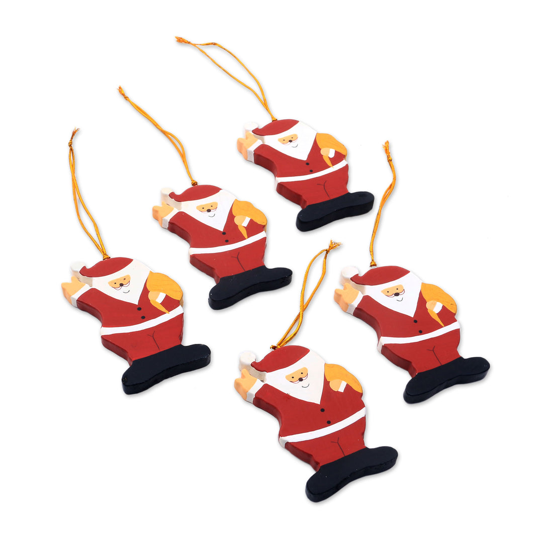 Hand-Painted Wood Santa Ornaments from Bali (Set of 5) - Waving Santa